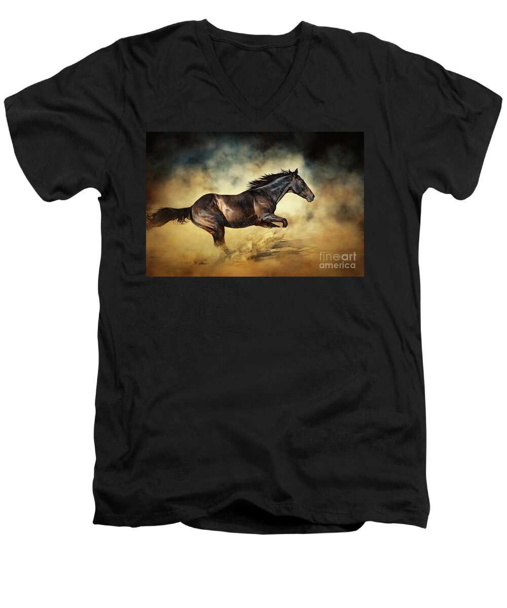 Horse Men's V-Neck T-Shirt featuring the photograph Black Stallion horse Galloping like a devil by Dimitar Hristov
