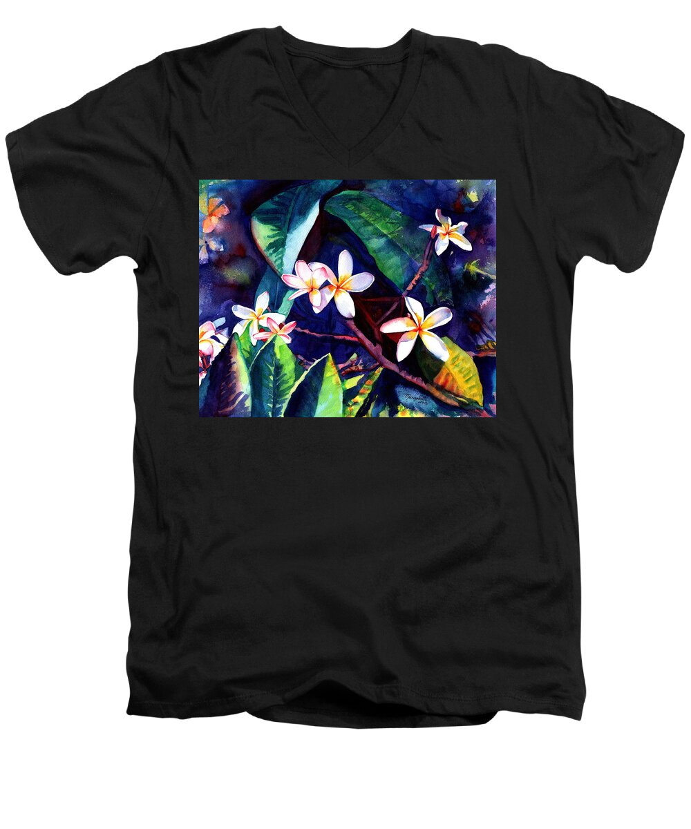Plumeria Men's V-Neck T-Shirt featuring the painting Blooming Plumeria by Marionette Taboniar