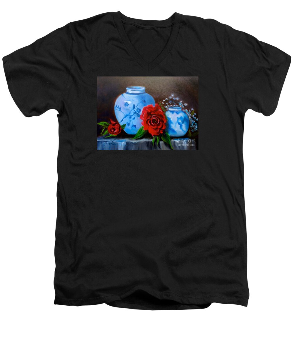 Blue & White Pottery Men's V-Neck T-Shirt featuring the painting Blue and White Pottery and Red Roses by Jenny Lee