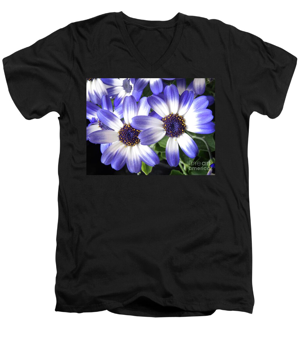 Flowers Men's V-Neck T-Shirt featuring the photograph Blue Bi-Color Pericallis Senetti by Dorothy Lee