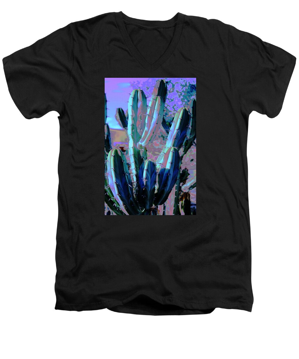 Abstract Men's V-Neck T-Shirt featuring the photograph Blue Flame Cactus Moonglow by M Diane Bonaparte