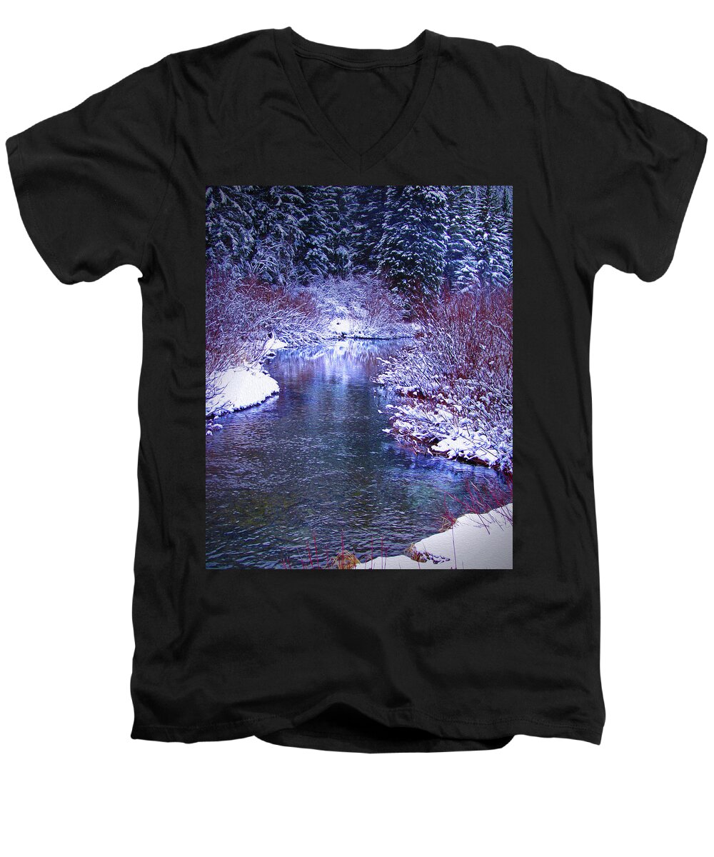 Snow Men's V-Neck T-Shirt featuring the digital art Blue Winter by Vicki Lea Eggen