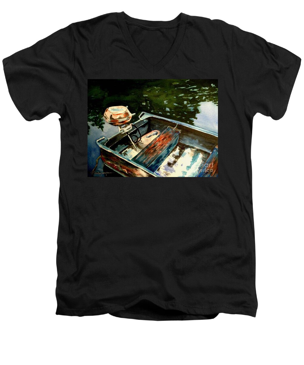 Boat Men's V-Neck T-Shirt featuring the painting Boat in fog 2 by Marilyn Jacobson