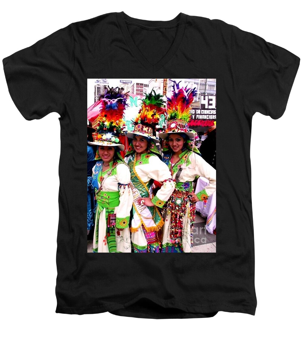 Dancers Men's V-Neck T-Shirt featuring the painting Bolivian University Student Dancers 1 by Jayne Kerr