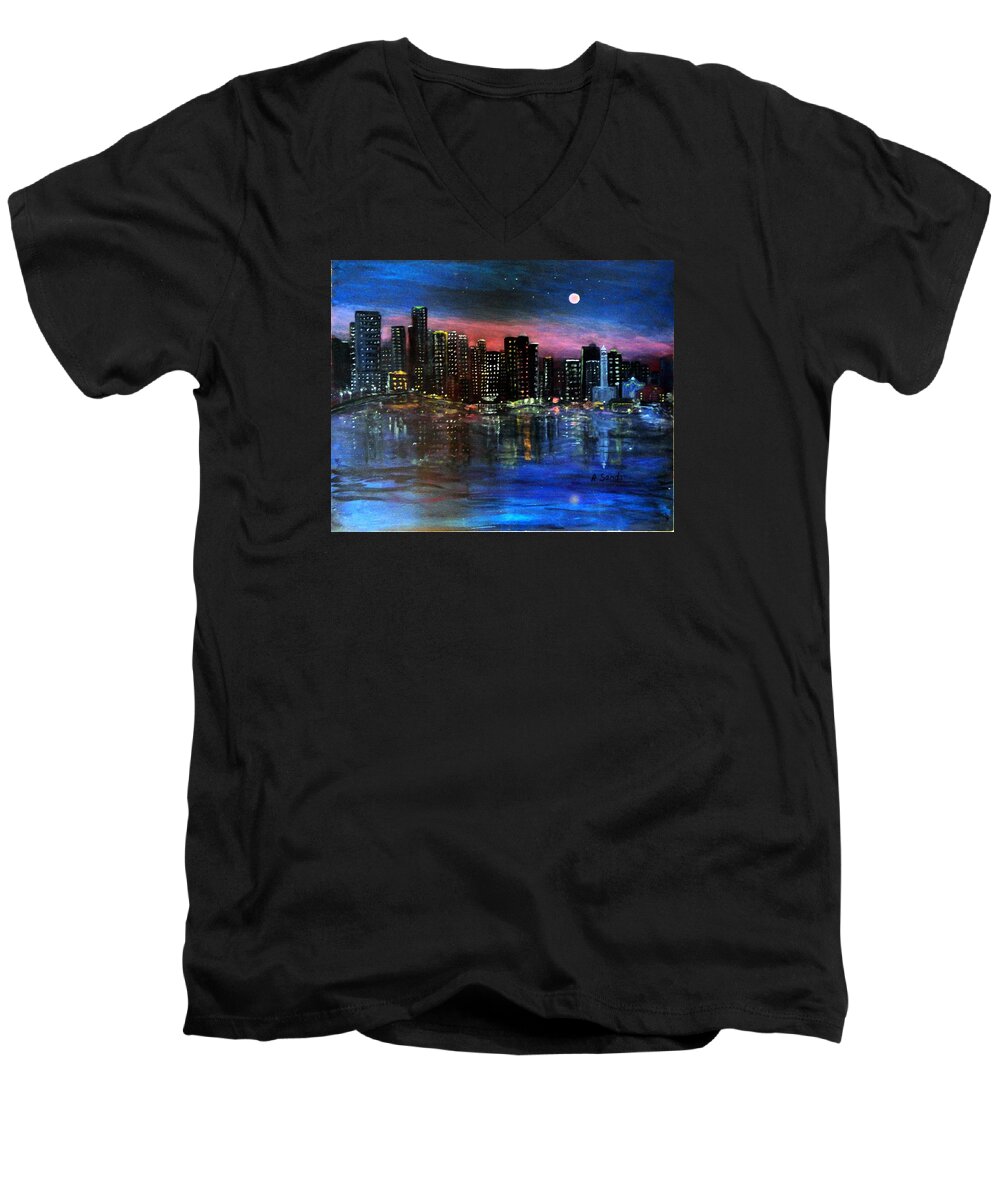 Boston Men's V-Neck T-Shirt featuring the painting Boston at Night by Anne Sands