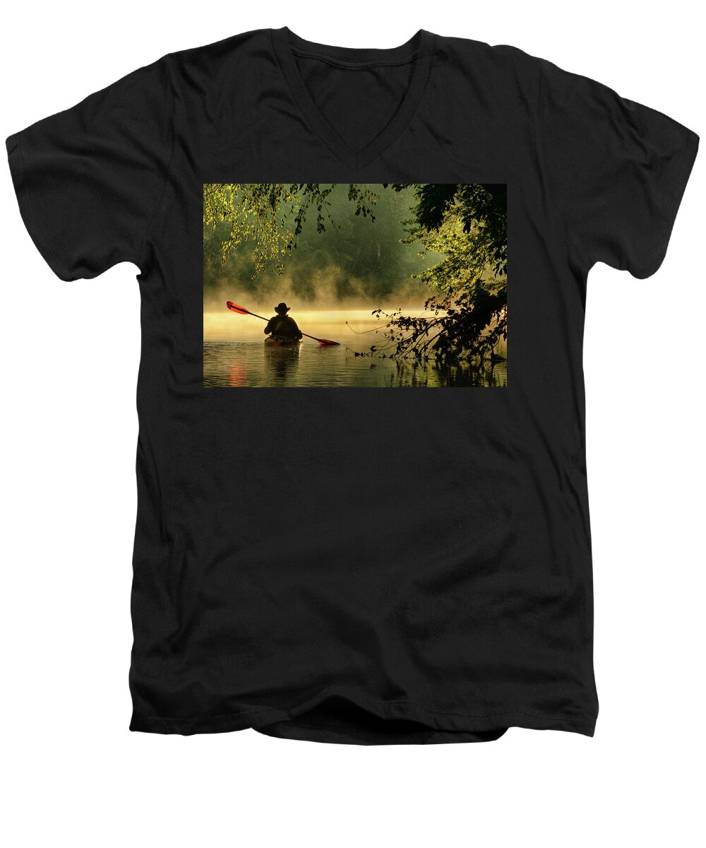 Kayak Men's V-Neck T-Shirt featuring the photograph Bourbeuse River by Robert Charity