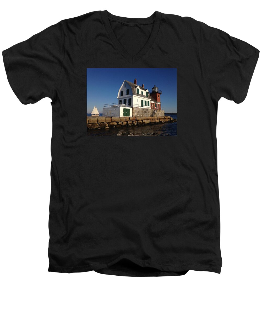 Breakwater Lighthouse Men's V-Neck T-Shirt featuring the photograph Breakwater Lighthouse by Jewels Hamrick