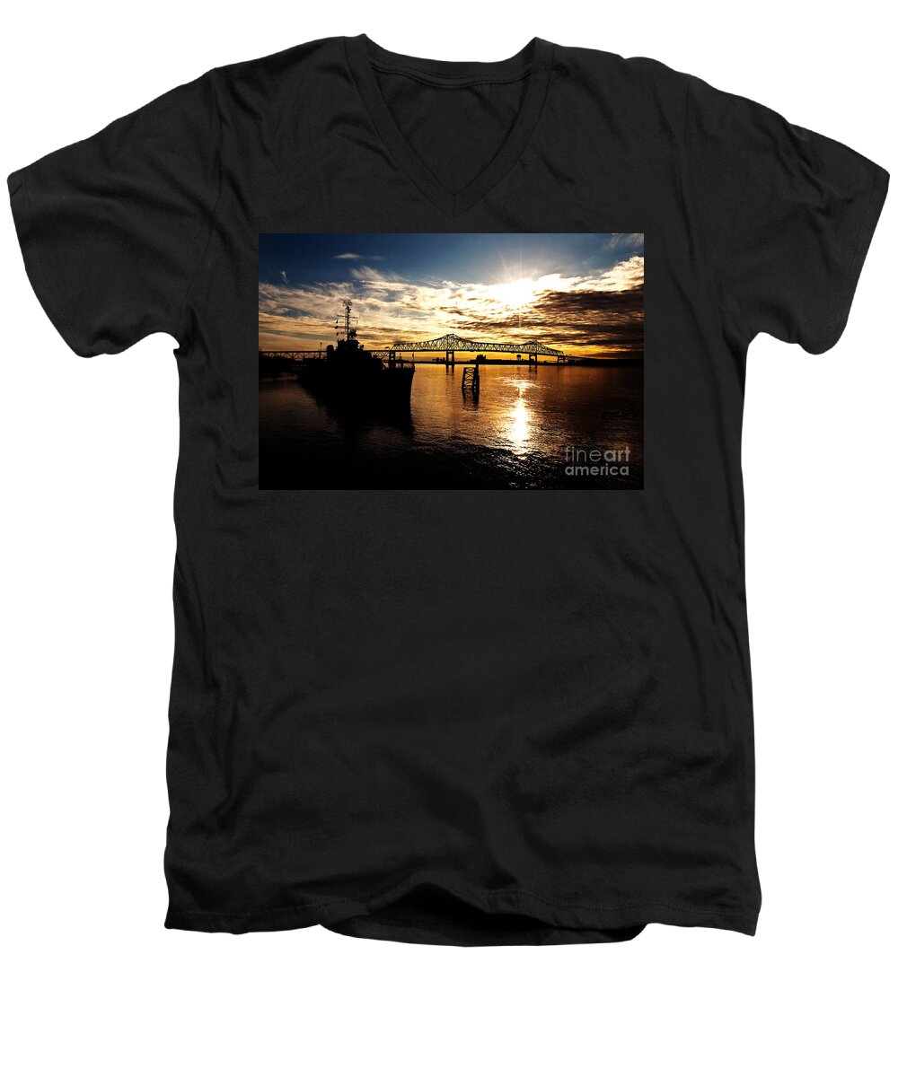 Sunset Men's V-Neck T-Shirt featuring the photograph Bright Time on the River by Scott Pellegrin