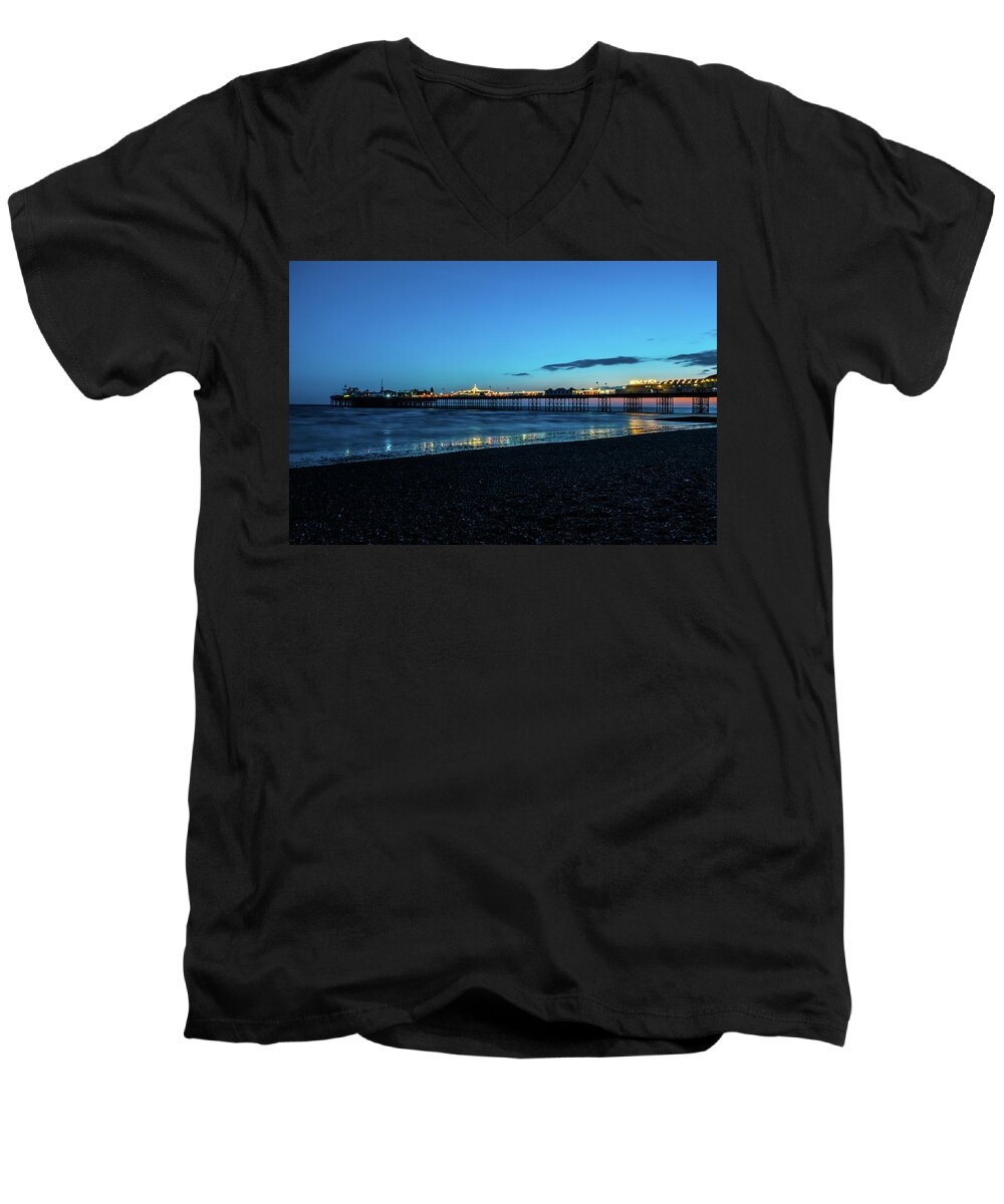 Pier Men's V-Neck T-Shirt featuring the photograph Brighton Pier at Sunset ix by Helen Jackson