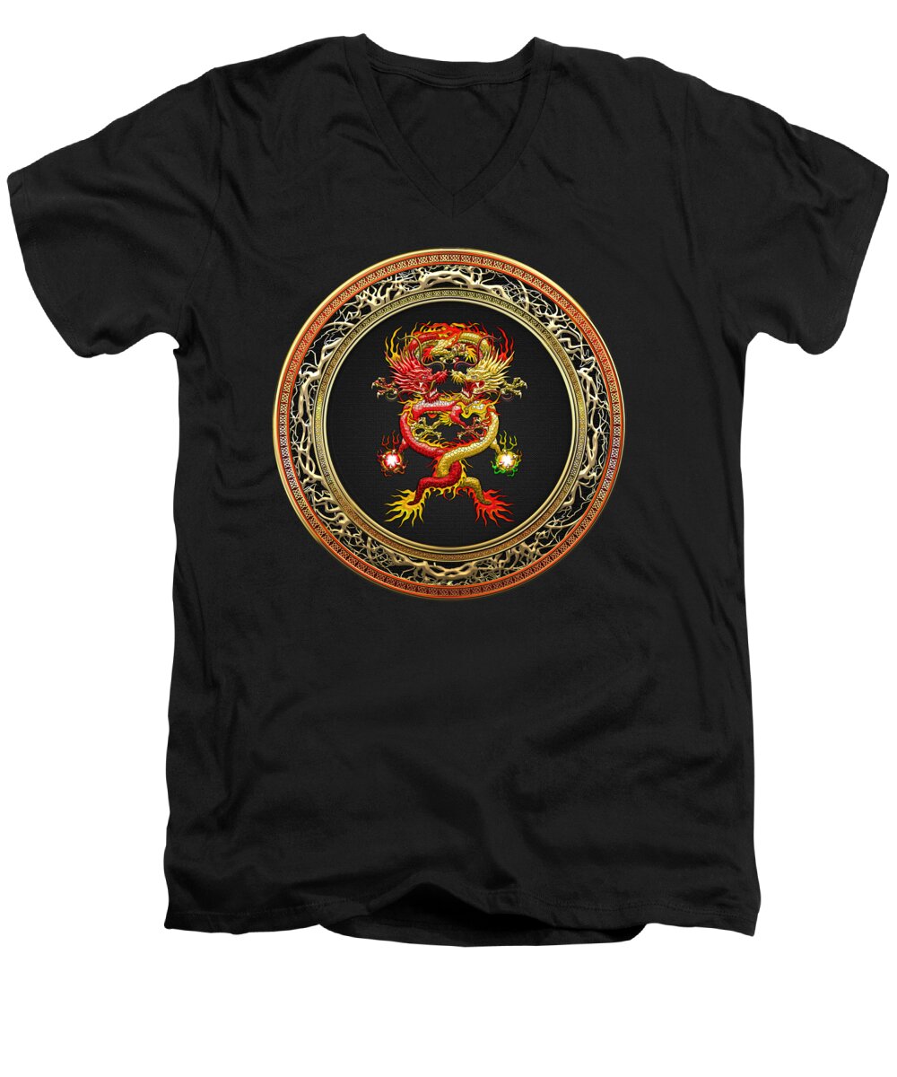 'treasure Trove' Collection By Serge Averbukh Men's V-Neck T-Shirt featuring the digital art Brotherhood of the Snake - The Red and The Yellow Dragons on Black Velvet by Serge Averbukh