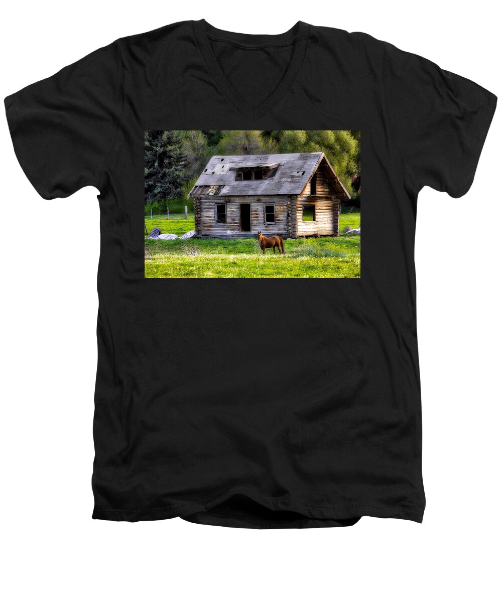 Landscape Men's V-Neck T-Shirt featuring the pyrography Brown Horse and Old Log Cabin by James Steele