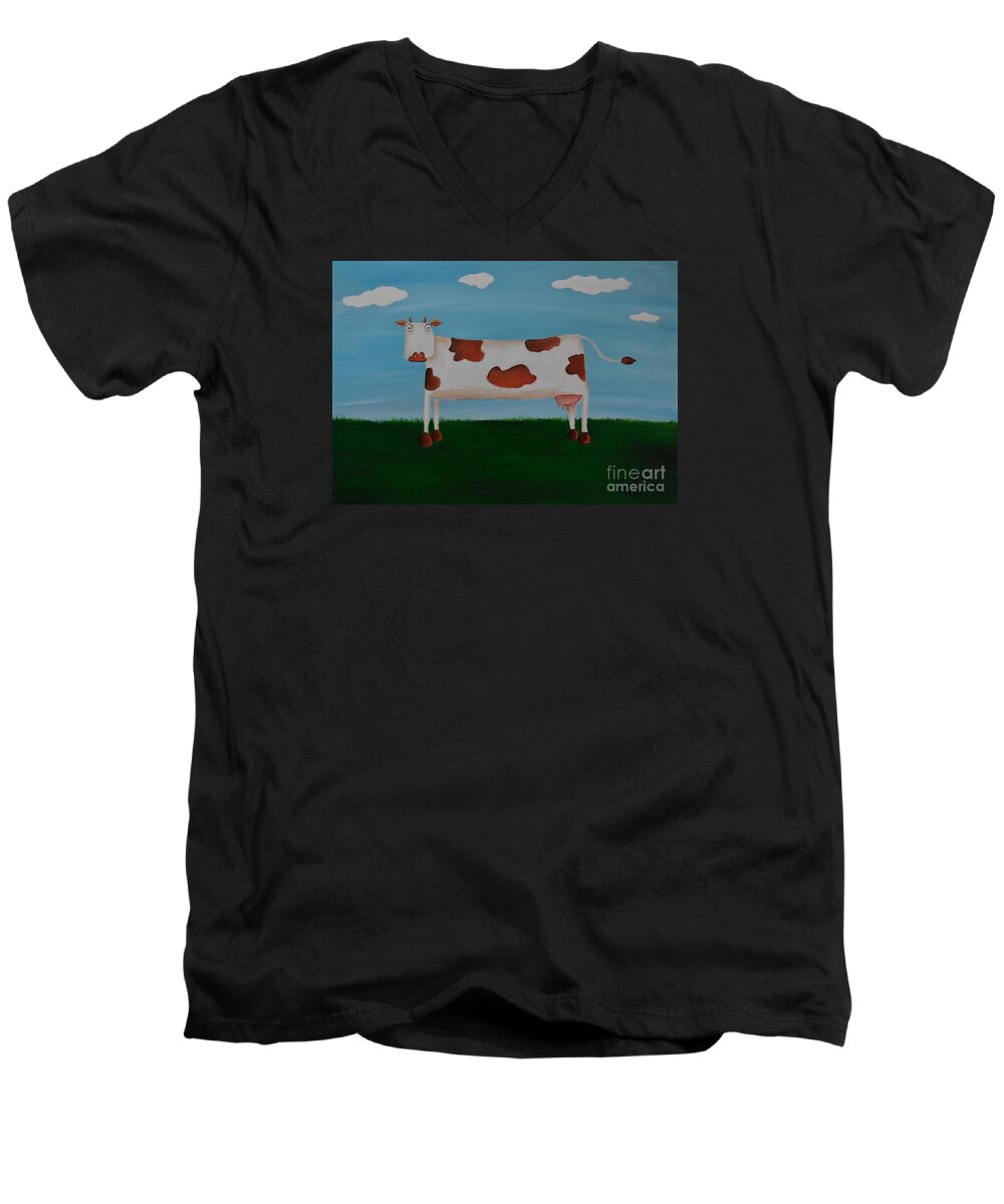 Cow Men's V-Neck T-Shirt featuring the painting Brown Spotted Cow by Cami Lee