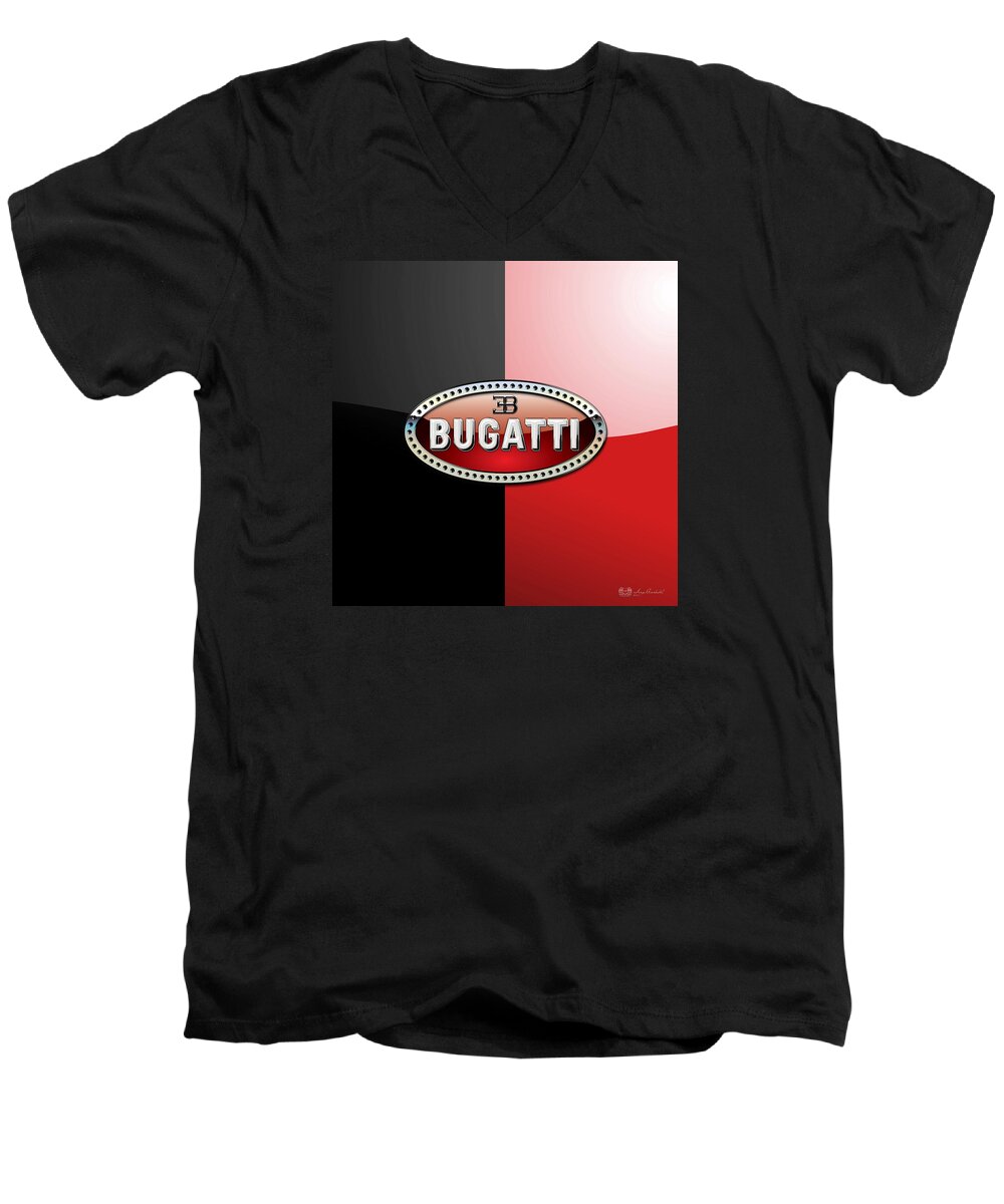 Wheels Of Fortune By Serge Averbukh Men's V-Neck T-Shirt featuring the photograph Bugatti 3 D Badge on Red and Black by Serge Averbukh