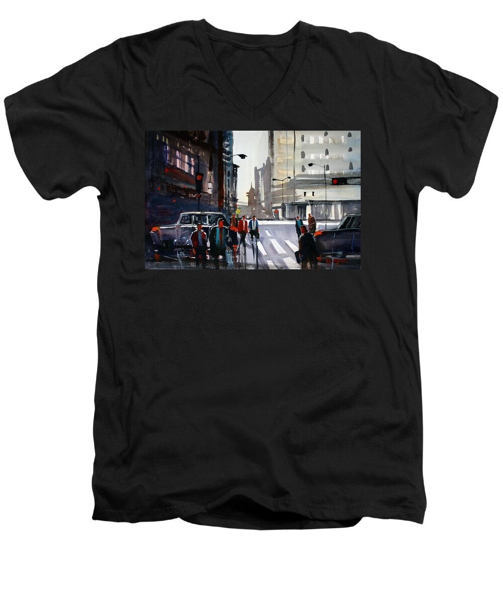 Ryan Radke Men's V-Neck T-Shirt featuring the painting Busy City - Chicago by Ryan Radke