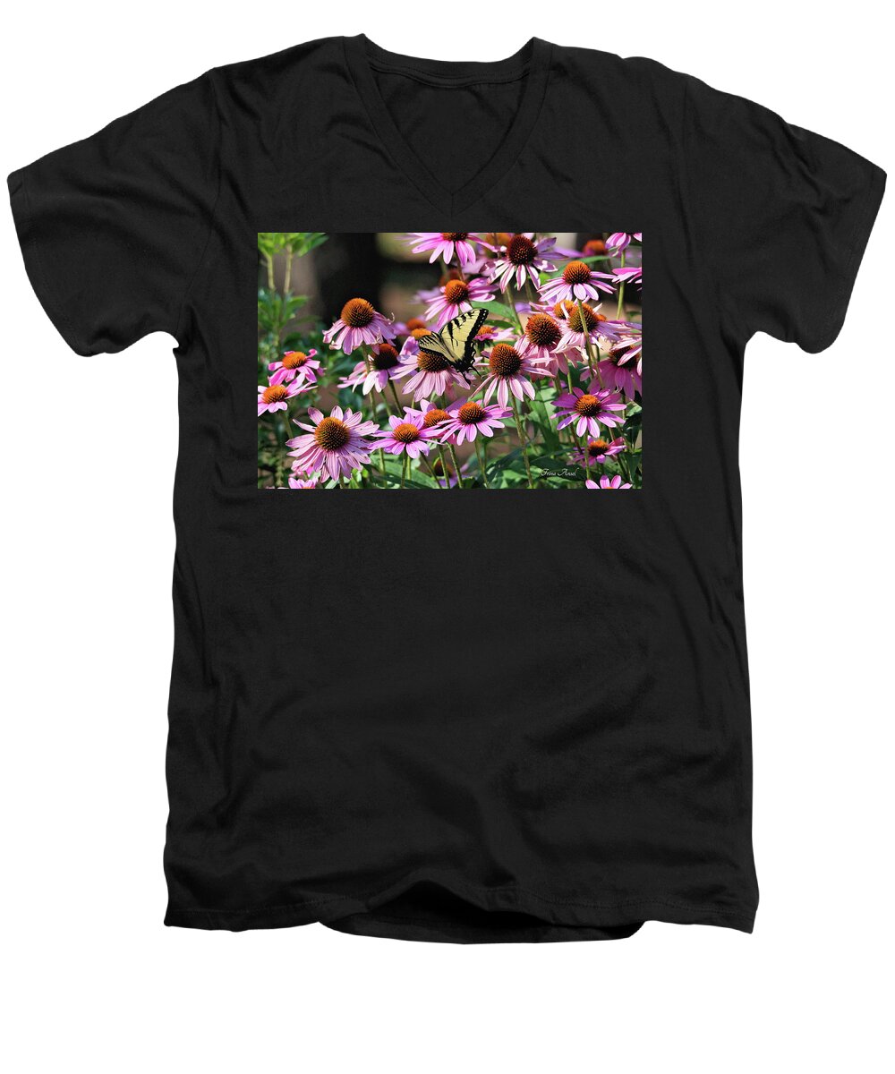 Butterfly Men's V-Neck T-Shirt featuring the photograph Butterfly on Coneflowers by Trina Ansel