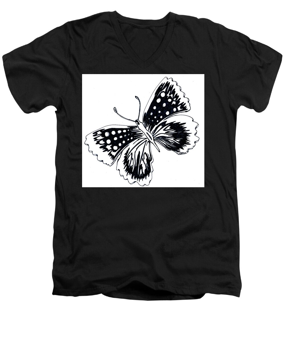 Black And White Men's V-Neck T-Shirt featuring the drawing Butterfly by Susan Turner Soulis