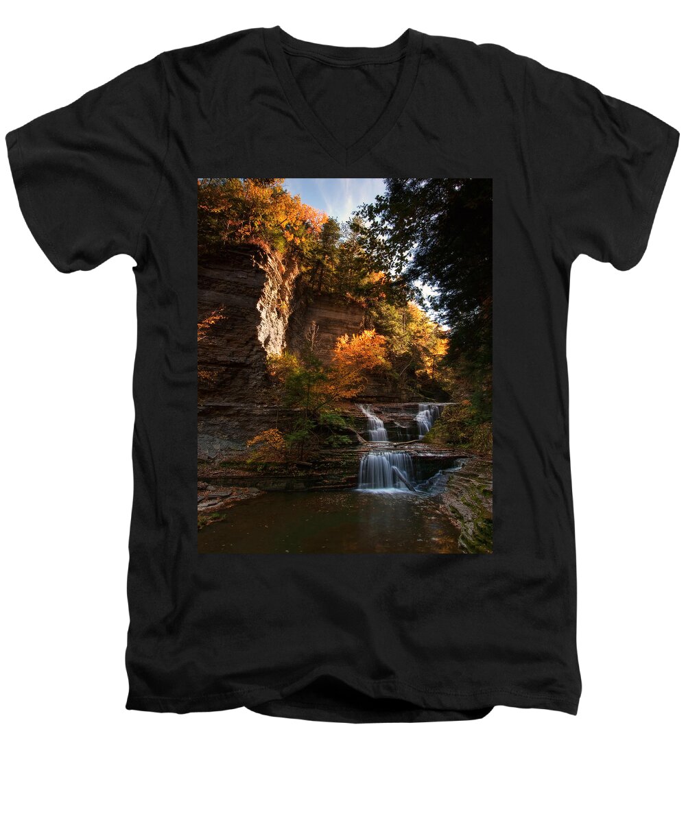 Buttermilk Falls State Park Men's V-Neck T-Shirt featuring the photograph By Dawn's Early Light by Neil Shapiro
