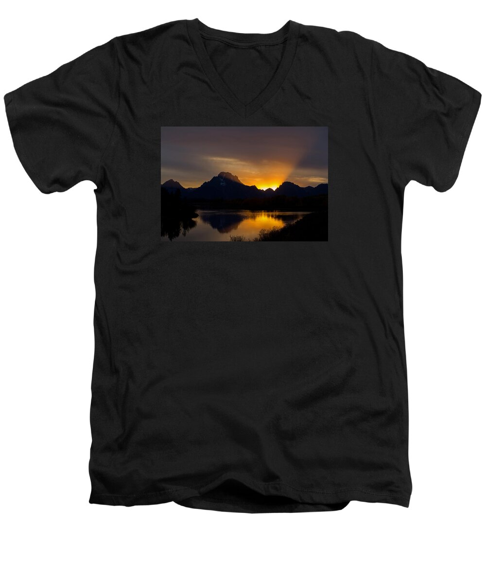 Grand Teton Men's V-Neck T-Shirt featuring the photograph By Oxbow Light... by Shari Sommerfeld