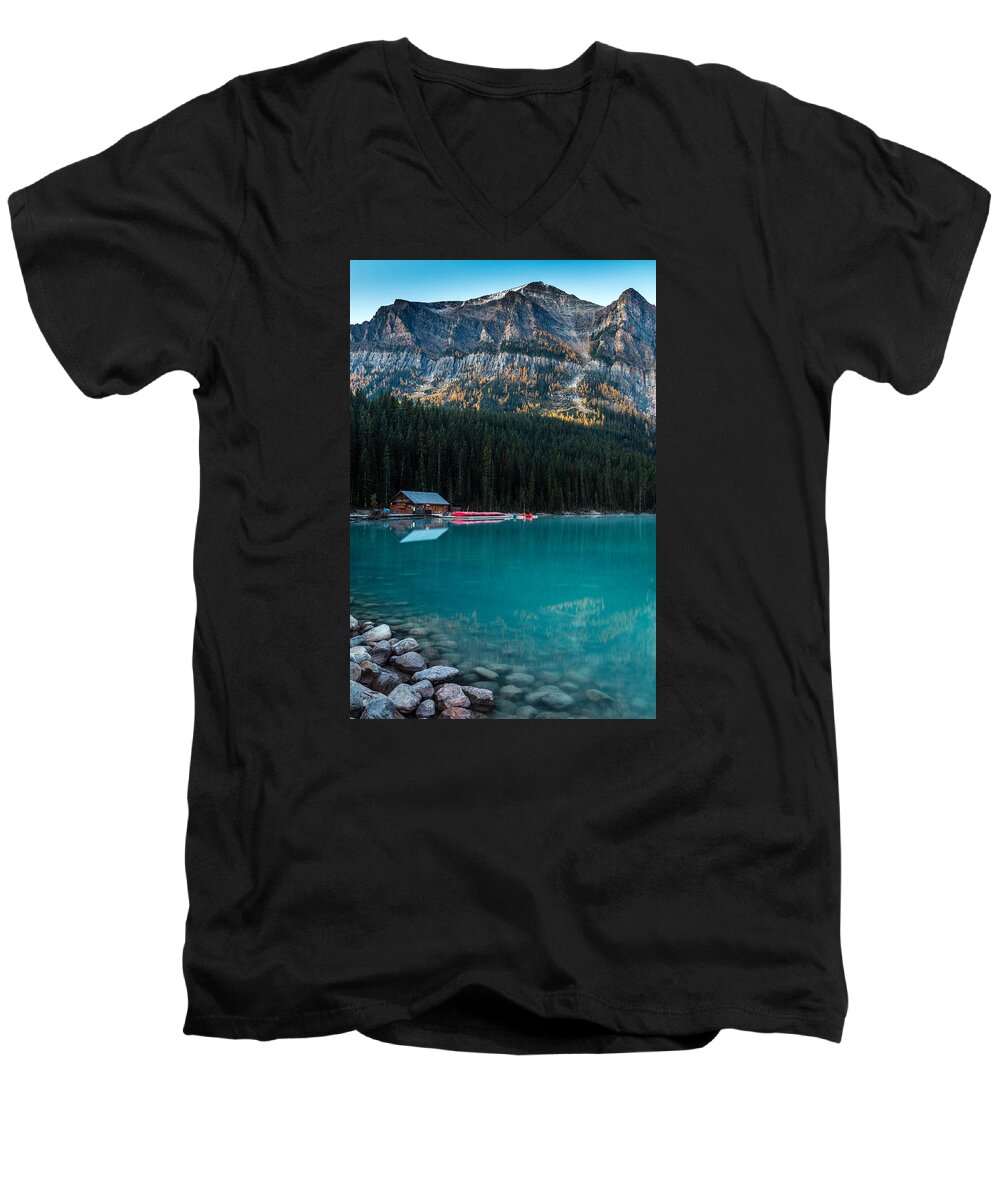 5dsr Men's V-Neck T-Shirt featuring the photograph Cabin at the Lake, by Pierre Leclerc Photography