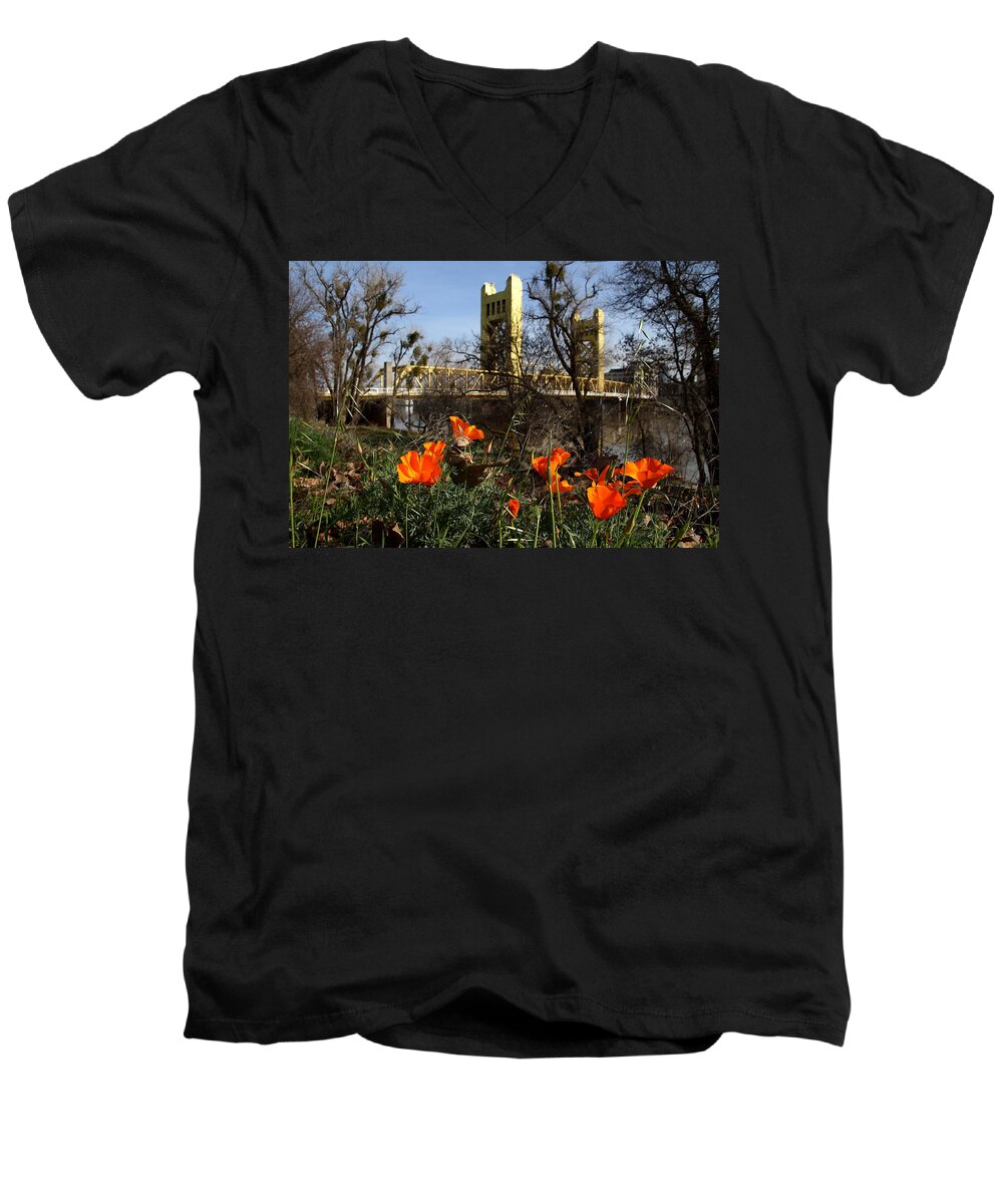 Landscape Men's V-Neck T-Shirt featuring the photograph California Poppies With The Slightly Photographically Blurred Sacramento Tower Bridge In The Back by Wingsdomain Art and Photography