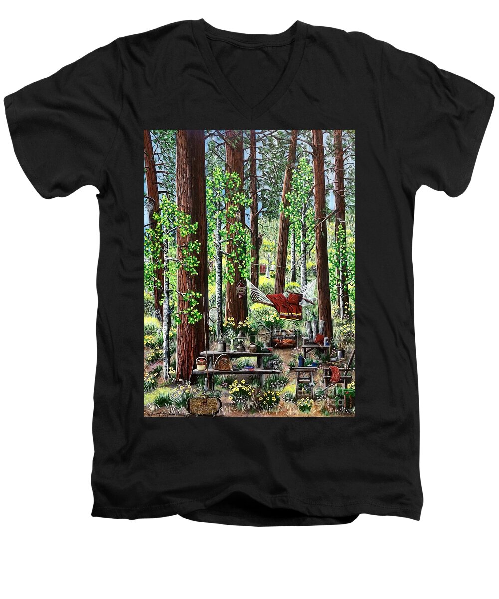 Camping Men's V-Neck T-Shirt featuring the painting Camping Paradise by Jennifer Lake