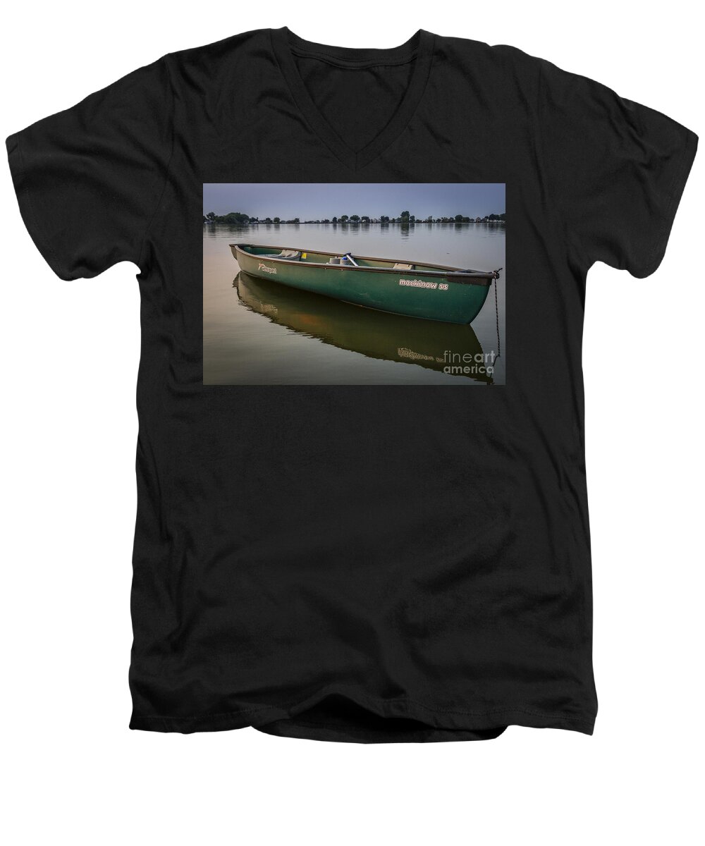 Sunset Men's V-Neck T-Shirt featuring the photograph Canoe Stillness by Joann Long