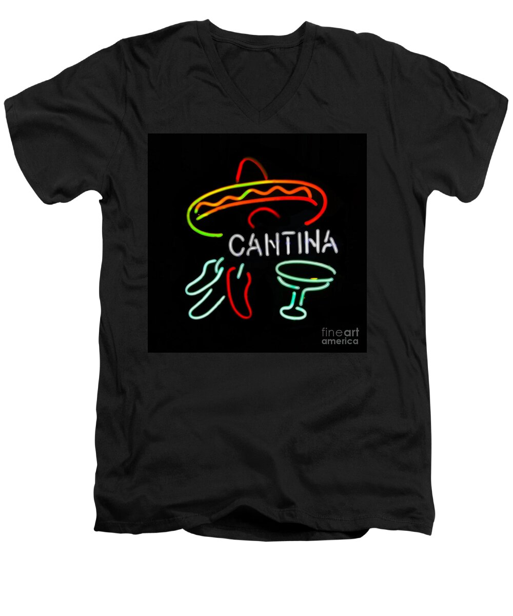 Neon Men's V-Neck T-Shirt featuring the photograph Cantina Neon Sign by Catherine Sherman