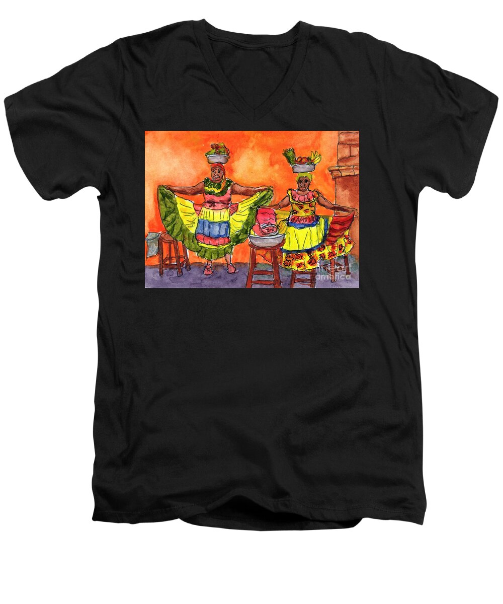 Columbia Men's V-Neck T-Shirt featuring the painting Cartagena Fruit Venders by Randy Sprout