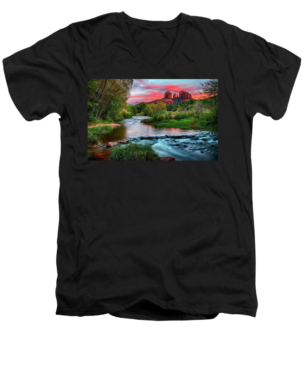 Landscape Men's V-Neck T-Shirt featuring the photograph Cathedral at Sunset by Bruce Bonnett