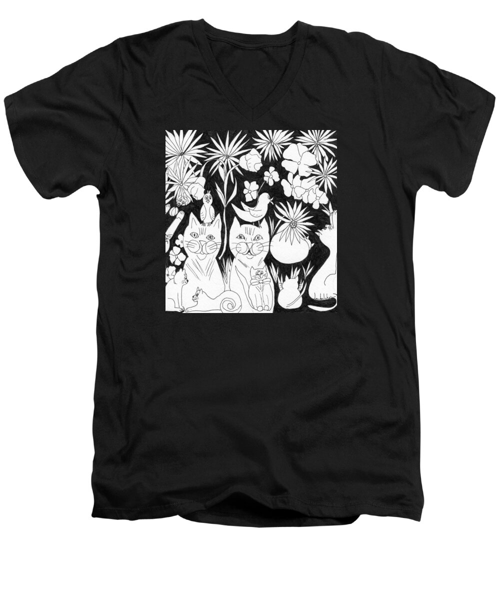 Cats Men's V-Neck T-Shirt featuring the drawing Cats in the Garden by Lou Belcher