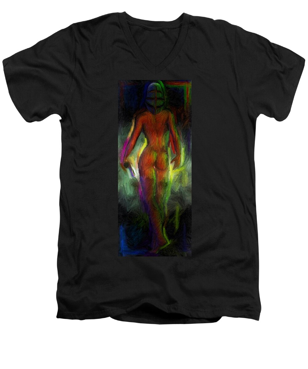 Female Nude Men's V-Neck T-Shirt featuring the digital art Catwalk Into the Light by Caito Junqueira