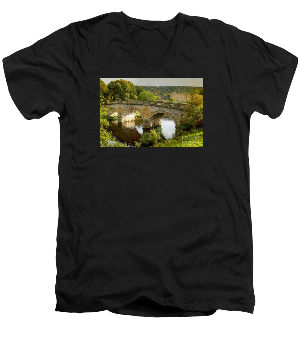 Toned Men's V-Neck T-Shirt featuring the photograph Chatsworth House and Bridge by David Birchall