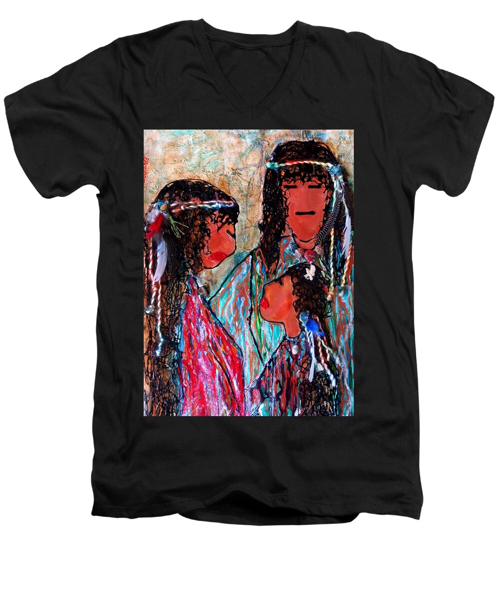 Native American Men's V-Neck T-Shirt featuring the painting Cherokee Trail of Tears Brave Family by Laura Grisham