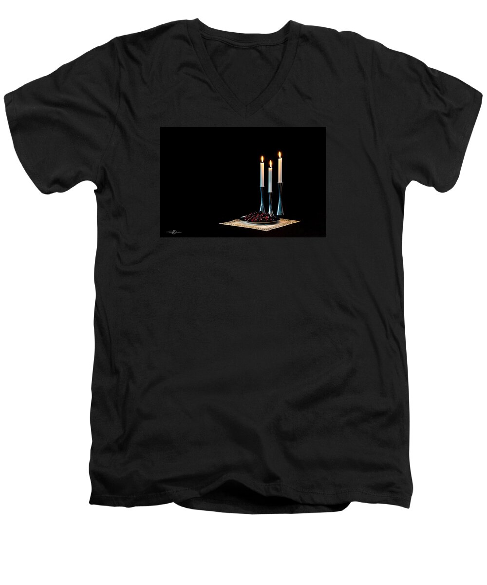 Cherries And Candles In Steel Men's V-Neck T-Shirt featuring the photograph Cherries and candles in steel by Torbjorn Swenelius