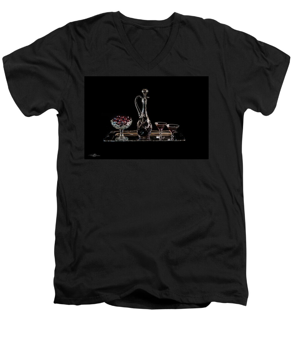 Cherries Men's V-Neck T-Shirt featuring the photograph Cherries in an old fashion way in black - a still life by Torbjorn Swenelius