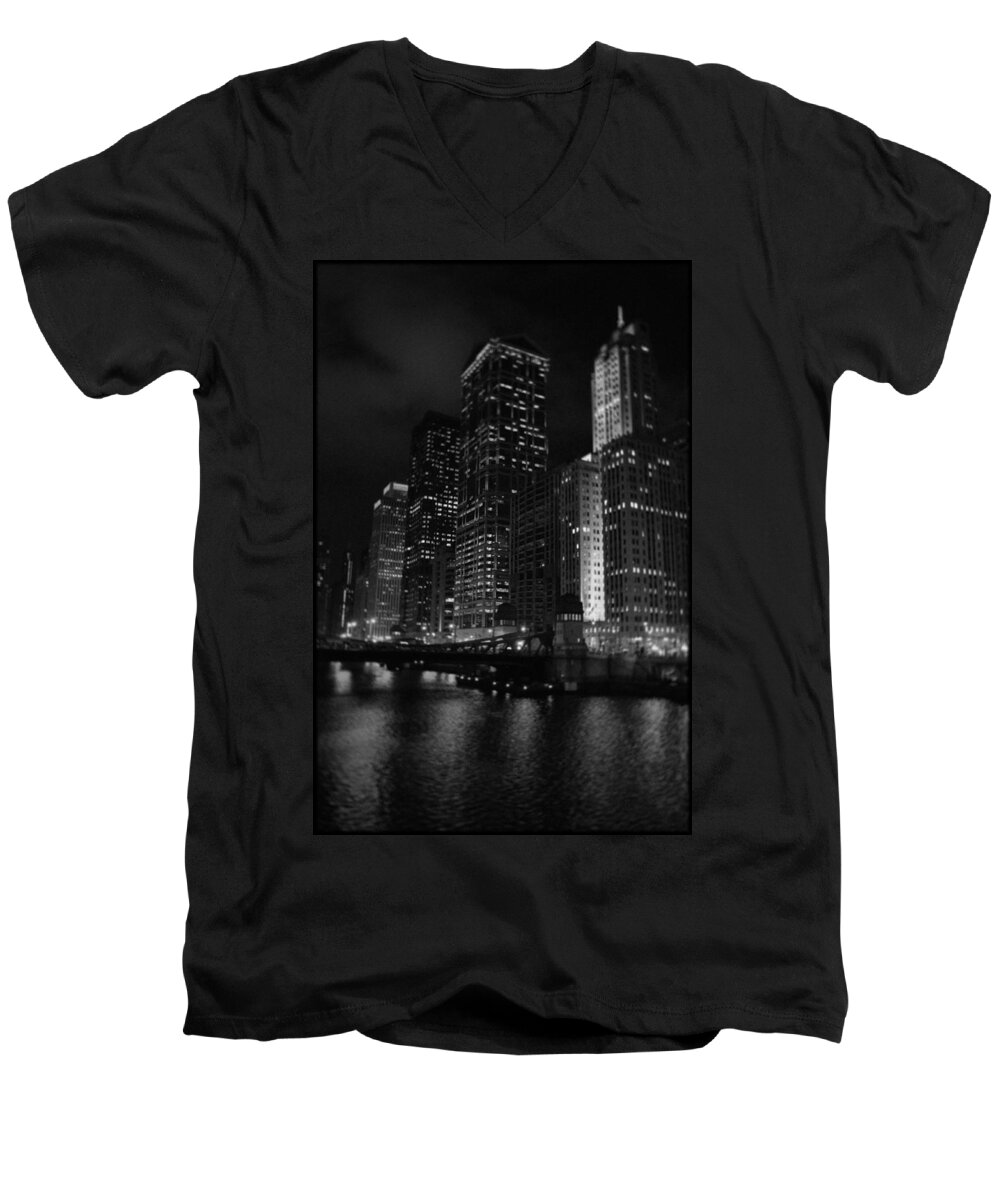 Chicago Men's V-Neck T-Shirt featuring the photograph Chicago Wacker Drive Night Portrait by Kyle Hanson