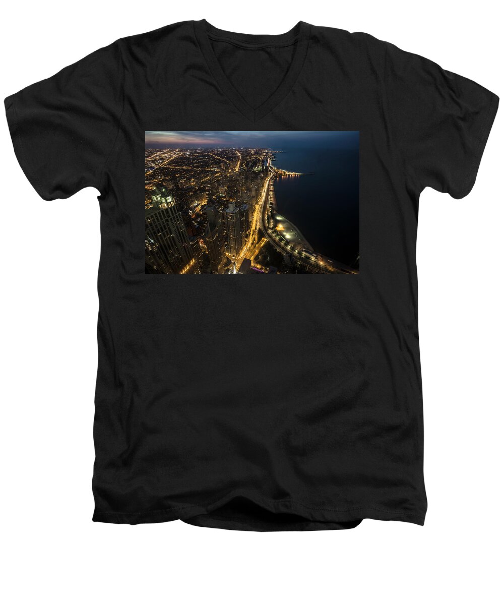 John Hancock Men's V-Neck T-Shirt featuring the photograph Chicago's north side from above at night by Sven Brogren