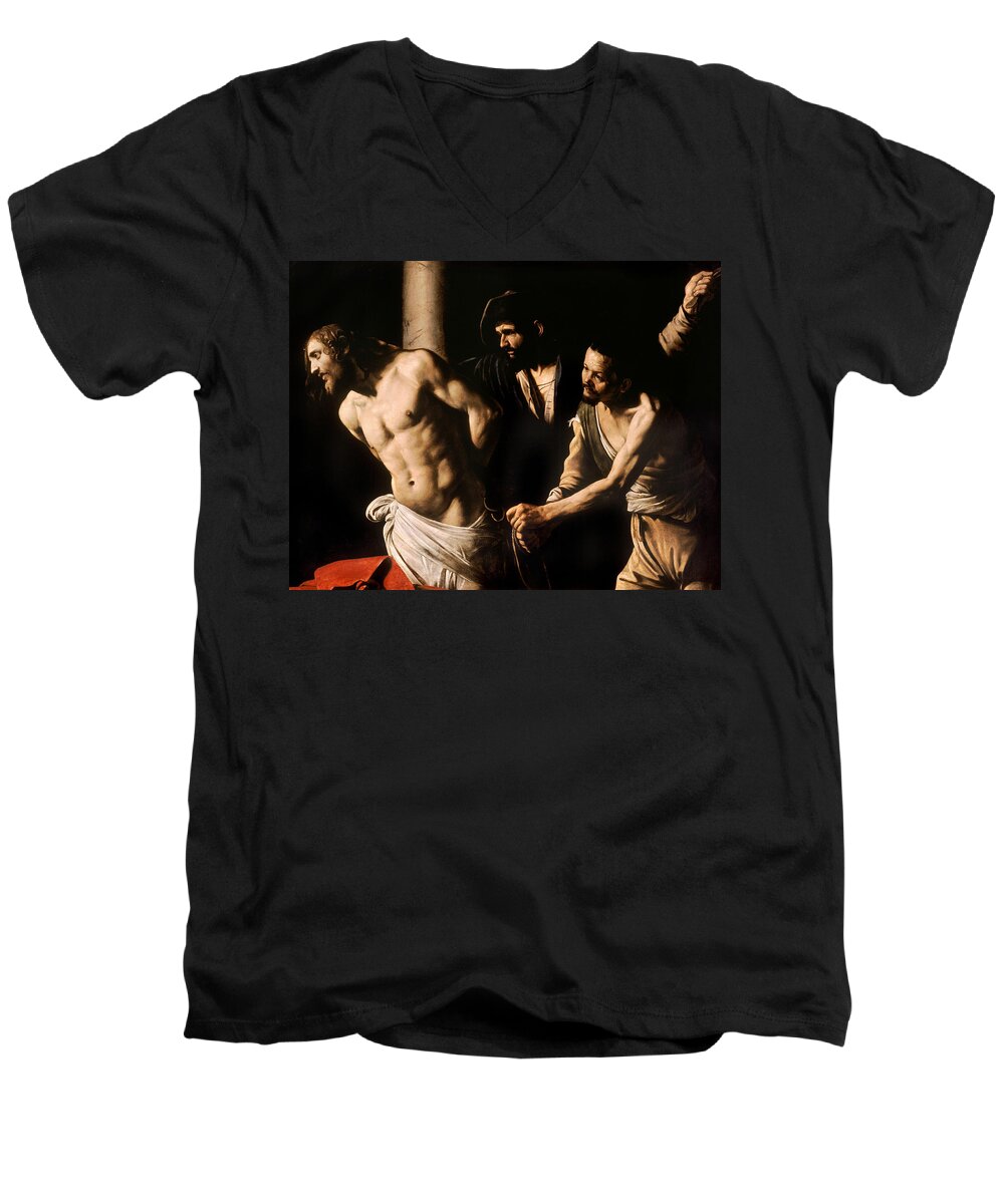 Caravaggio Men's V-Neck T-Shirt featuring the painting Christ at the Column by Caravaggio