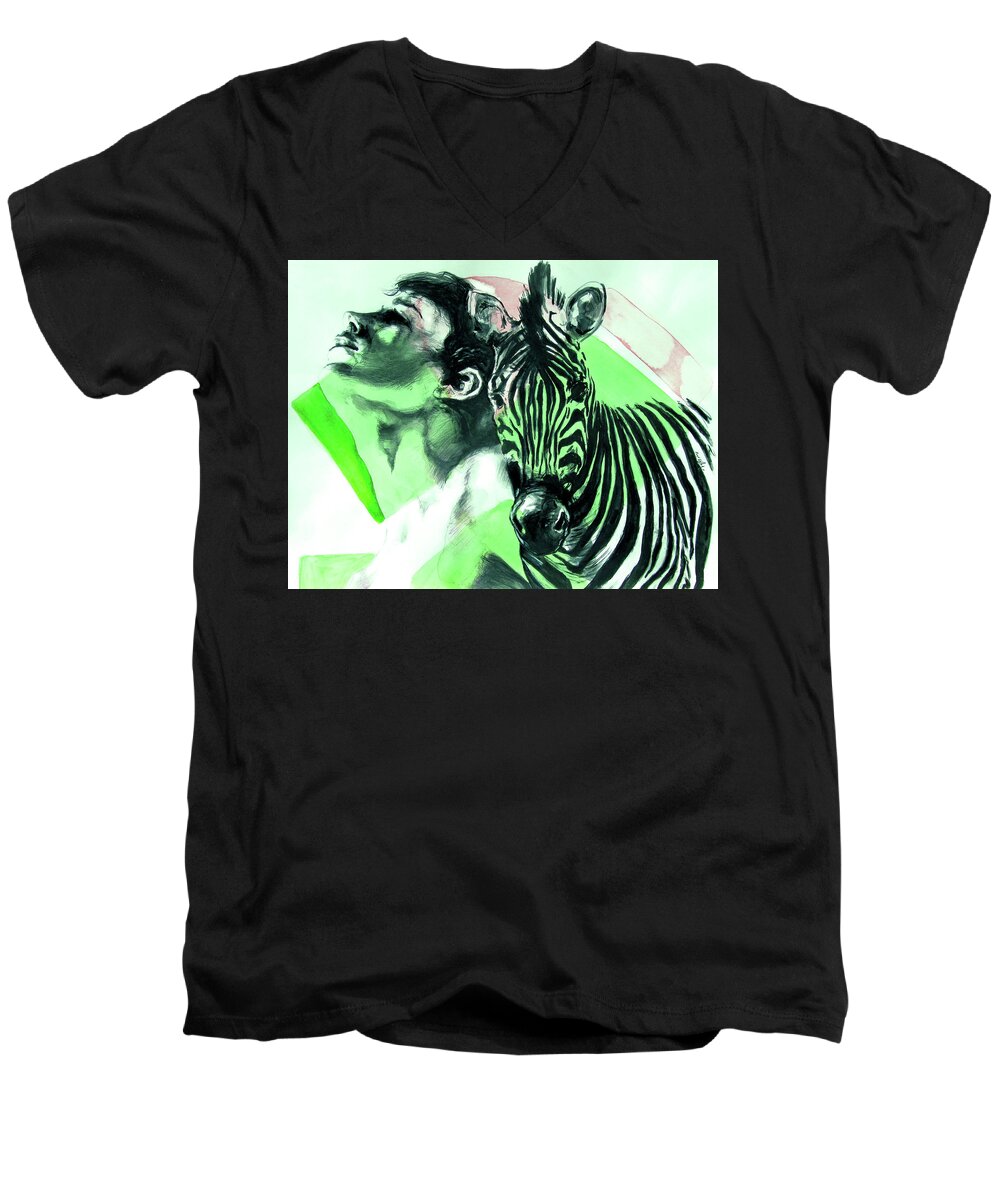 Zebra Stripes Men's V-Neck T-Shirt featuring the painting Chronickles of Zebra Boy  by Rene Capone