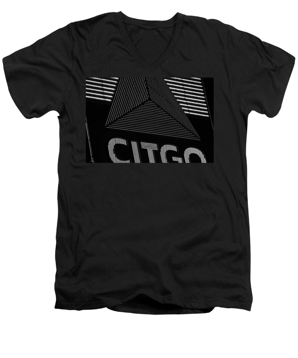 Boston Men's V-Neck T-Shirt featuring the photograph Citgo Sign Closeup Boston MA Black and White by Toby McGuire