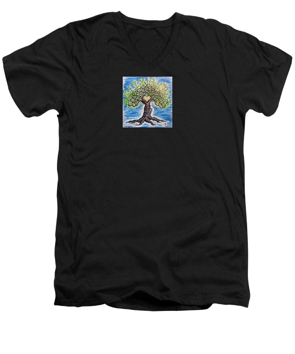 Love Men's V-Neck T-Shirt featuring the drawing Climb-On Love Tree by Aaron Bombalicki