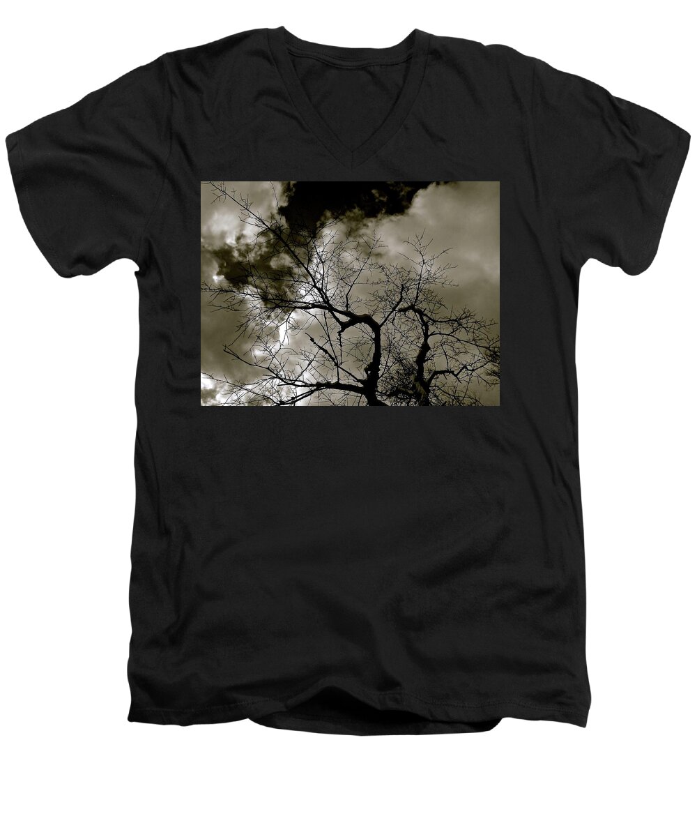 Clouds Men's V-Neck T-Shirt featuring the photograph Cloudscape With Tree by Elizabeth Tillar
