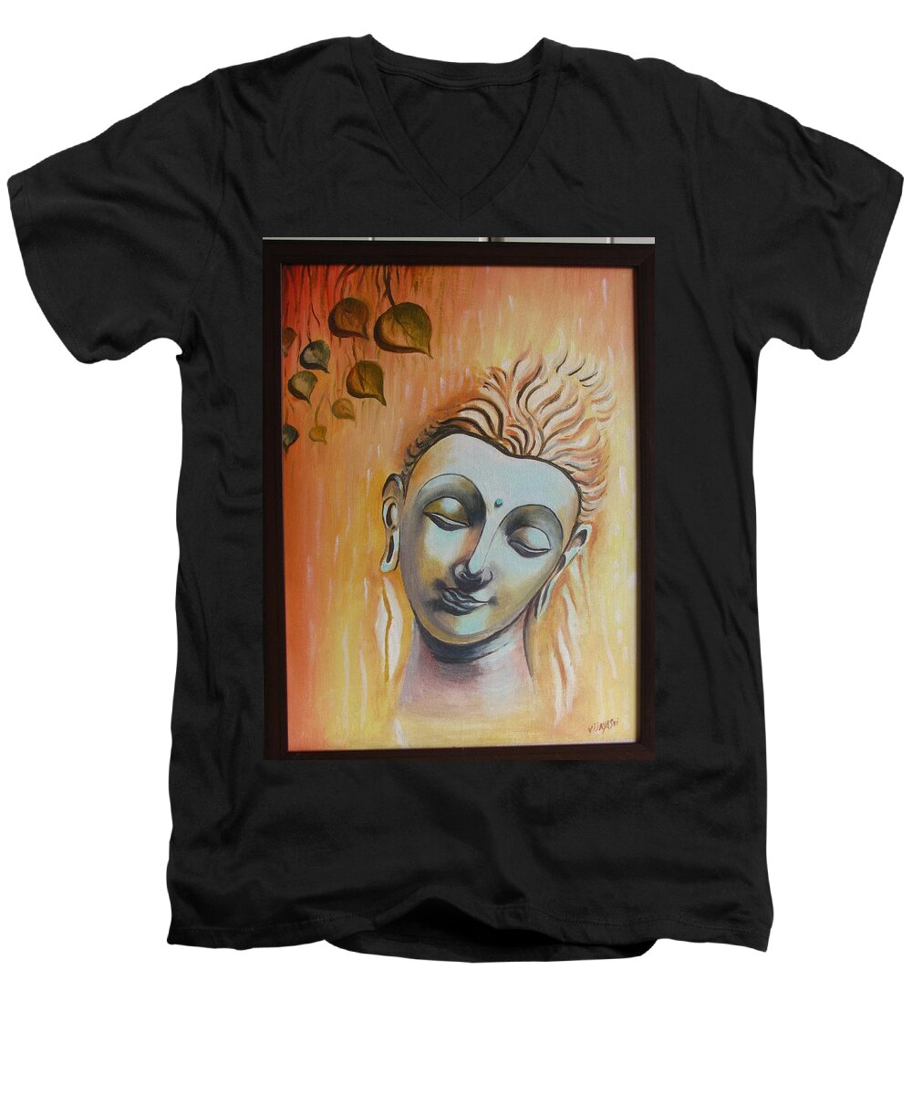  Men's V-Neck T-Shirt featuring the painting Sleeping Buddha by Vijayashri K