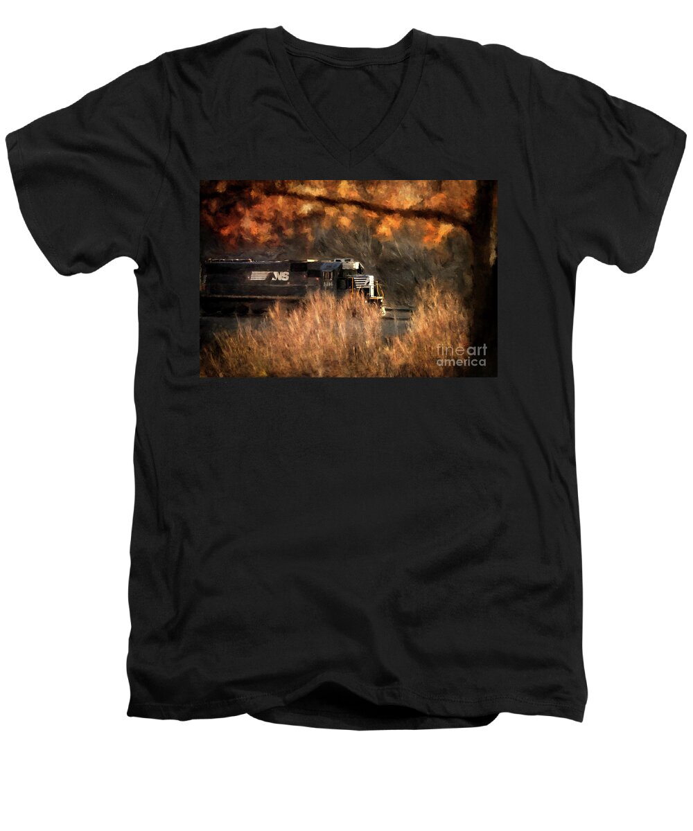 Train Men's V-Neck T-Shirt featuring the photograph Comin' Round The Mountain by Lois Bryan