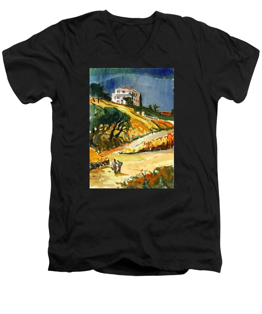 Landscape Men's V-Neck T-Shirt featuring the painting Conversation in the Afternoon by Thomas Tribby