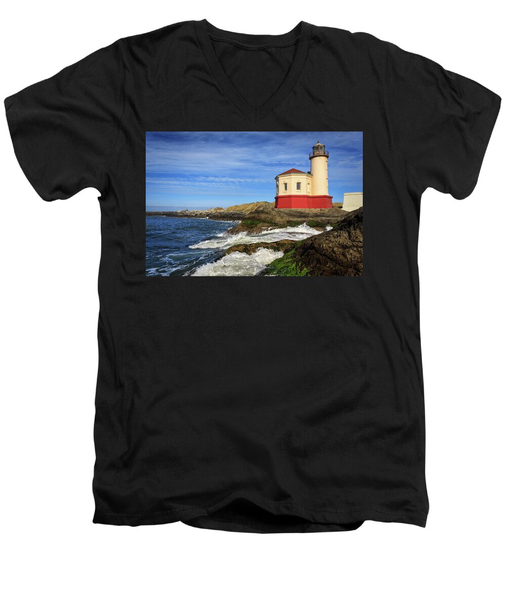 Coquille River Men's V-Neck T-Shirt featuring the photograph Coquille River Lighthouse At Bandon by James Eddy