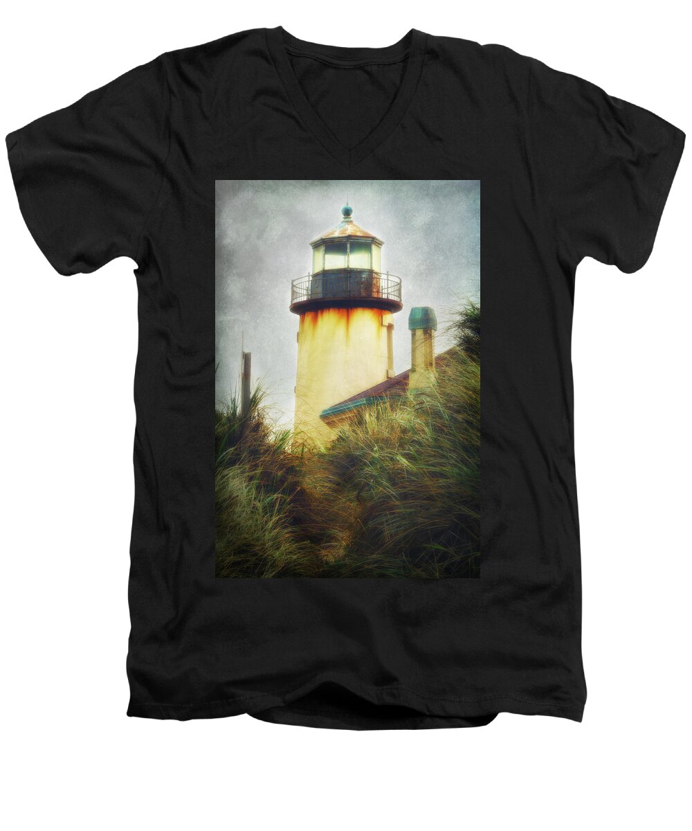 Bandon Men's V-Neck T-Shirt featuring the photograph Coquille Rust and Grass by Sylvia J Zarco