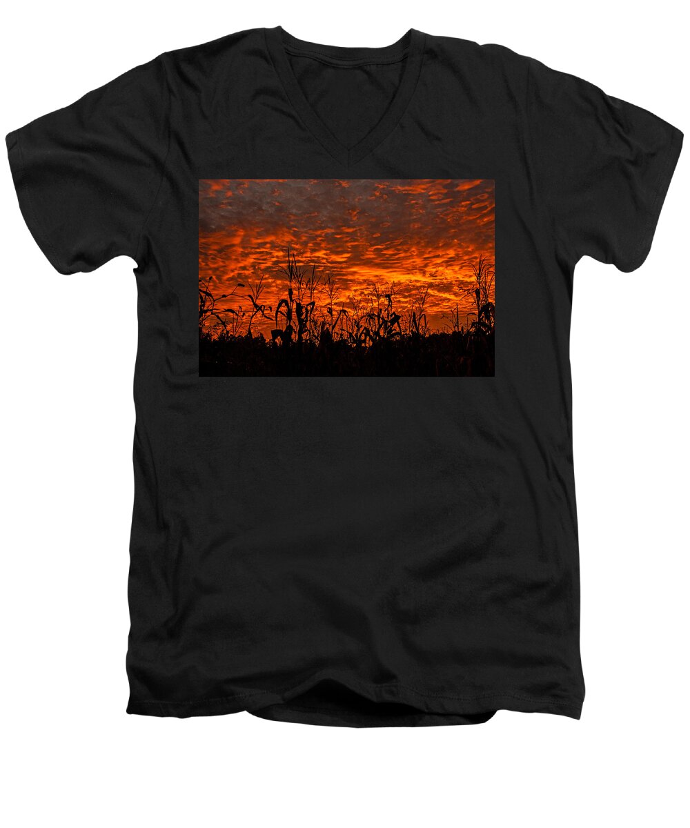 Corn Under A Fiery Sky Framed Prints Men's V-Neck T-Shirt featuring the photograph Corn Under A Fiery Sky by John Harding