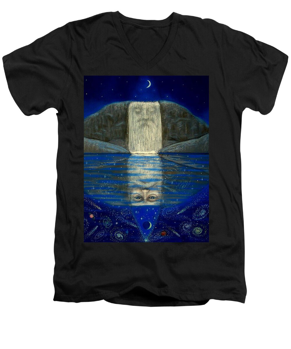 Fantasy Men's V-Neck T-Shirt featuring the painting Cosmic Wizard Reflection by Sue Halstenberg