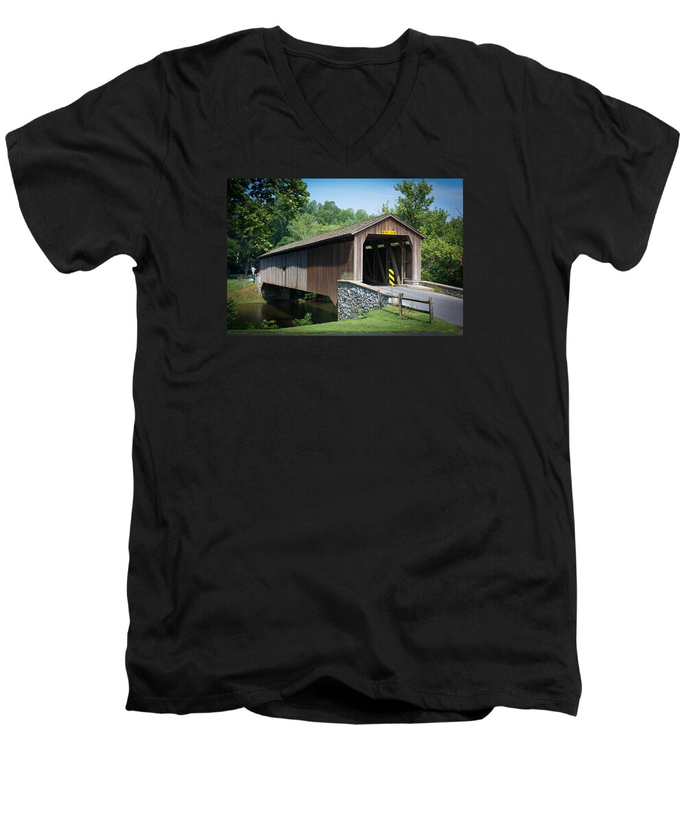 Covered Bridge Landscape Photo Men's V-Neck T-Shirt featuring the photograph Covered Bridge by Kenneth Cole